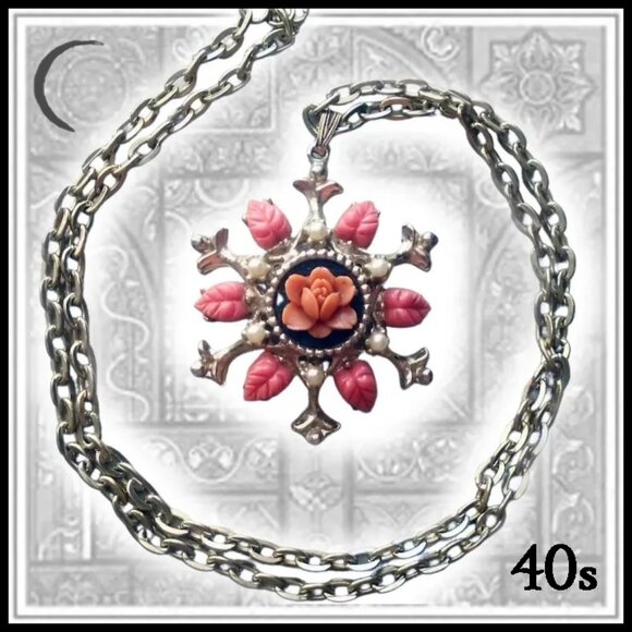 Renaissance Style Pendant Necklace Coral Roses, Long Chain, 40s Vintage - Picture 1 of 12